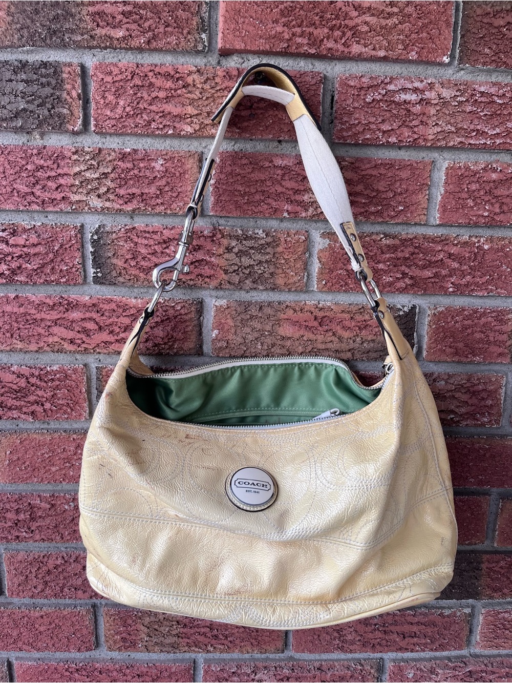 Coach Pale Yellow Leather Hobo Bag with Green Interior women